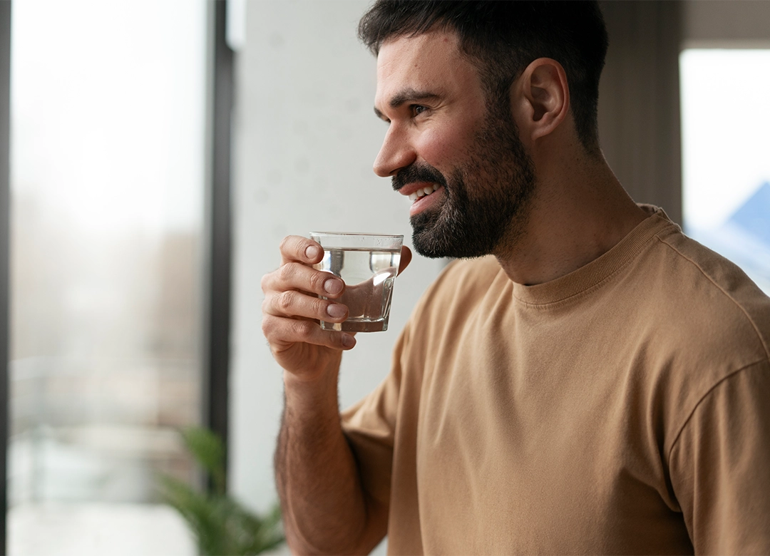 Hombre feliz mirando por la ventana consumiendo Zero Fat y a punto de beber un vaso de agua